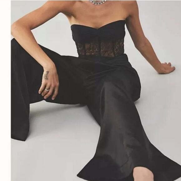 Free People × Brenda Knight Black Satin Size Large Wide Leg Pants - Picture 2 of 9